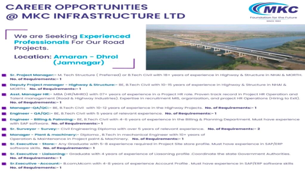 Experienced Professionals Required for Road Projects at MKC Infrastructure Ltd.