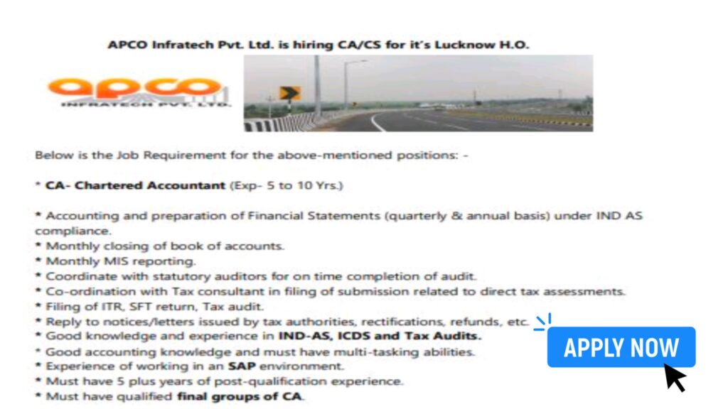 Hiring CA/CS for Lucknow H.O. at APCO Infratech Pvt. Ltd.