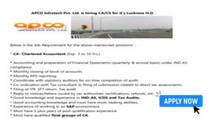 Hiring CA/CS for Lucknow H.O. at APCO Infratech Pvt. Ltd.