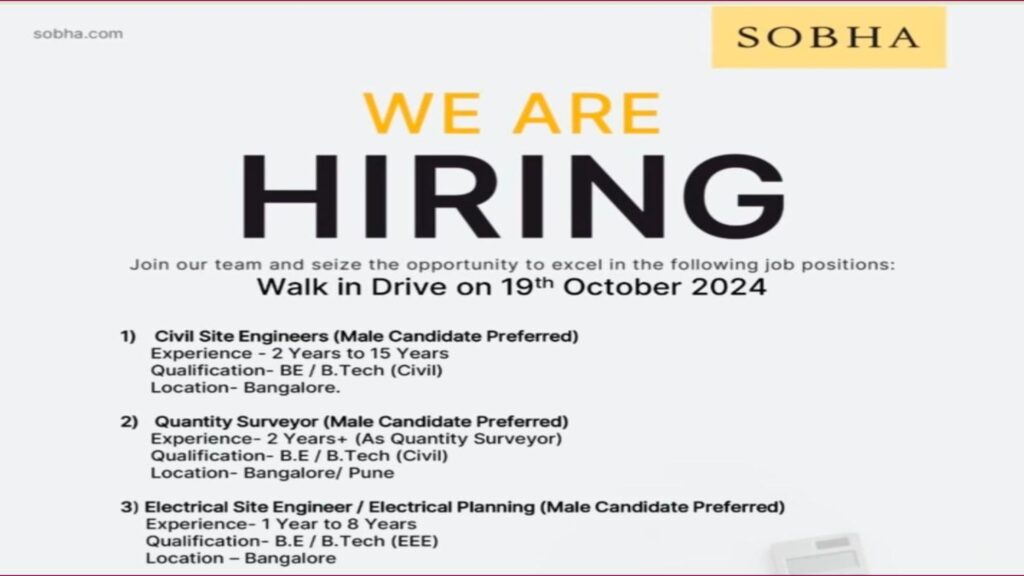 SOBHA Ltd. - Walk-In Drive for Engineering Professionals on 19th October 2024