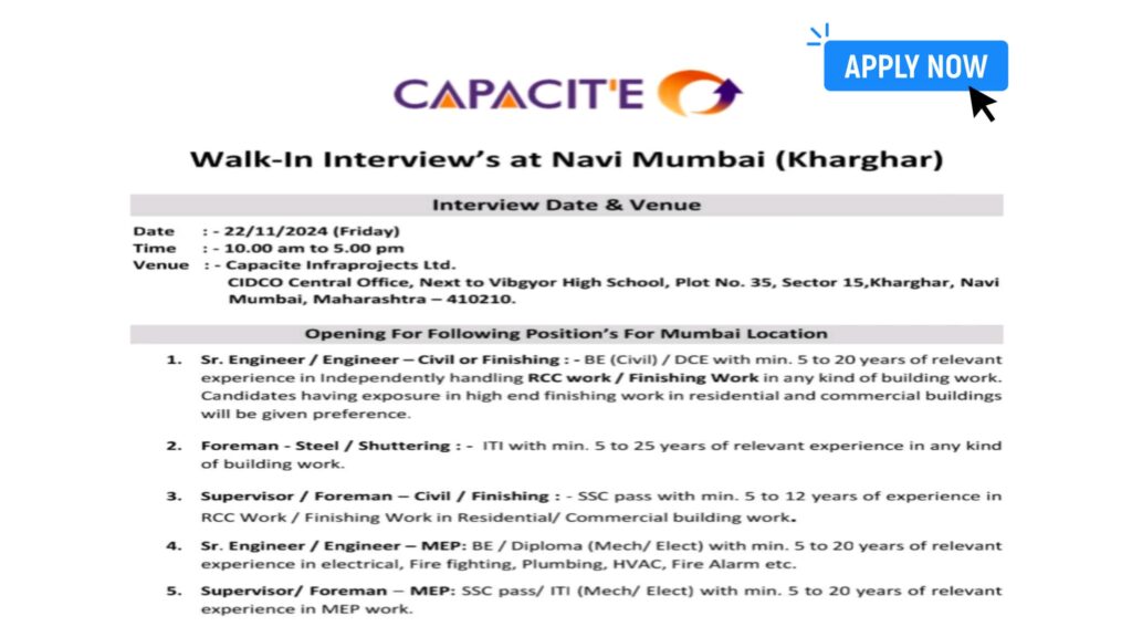 Walk-In Interview at Capacite Infraprojects Ltd. – Navi Mumbai