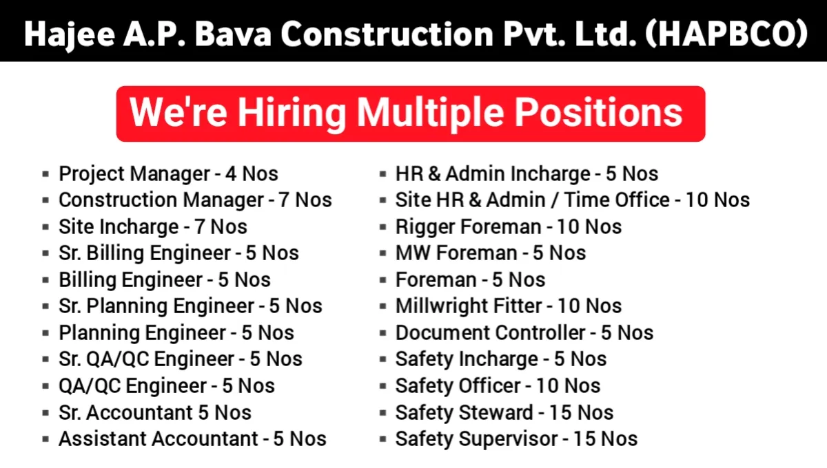 Hajee A.P. Bava Construction Pvt Ltd Hiring