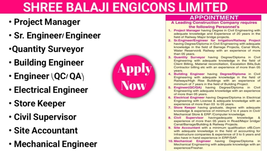Shree Balaji Engicons Ltd Recruitment