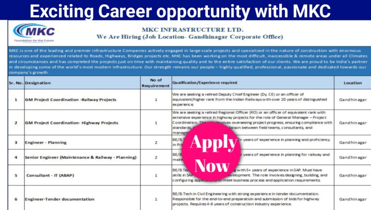 Career Opportunities at MKC Infrastructure Ltd