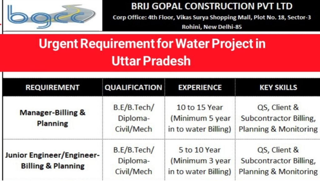 Brij Gopal Construction Urgent Requirement