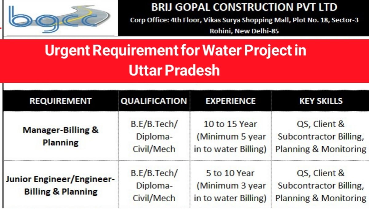 Brij Gopal Construction Urgent Requirement