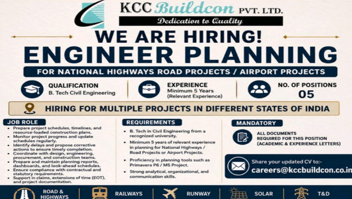 KCC Buildcon Pvt Ltd Hiring